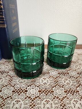 Anchor Hocking Emerald Green Tartan Old Fashioned Rocks Glasses - Set of 2